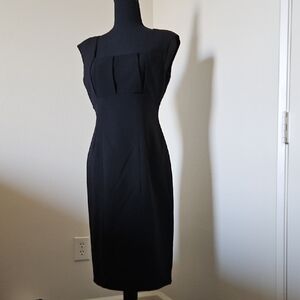 Calvin Klein Black Midi Sheath Dress with Square Pleated Bodice